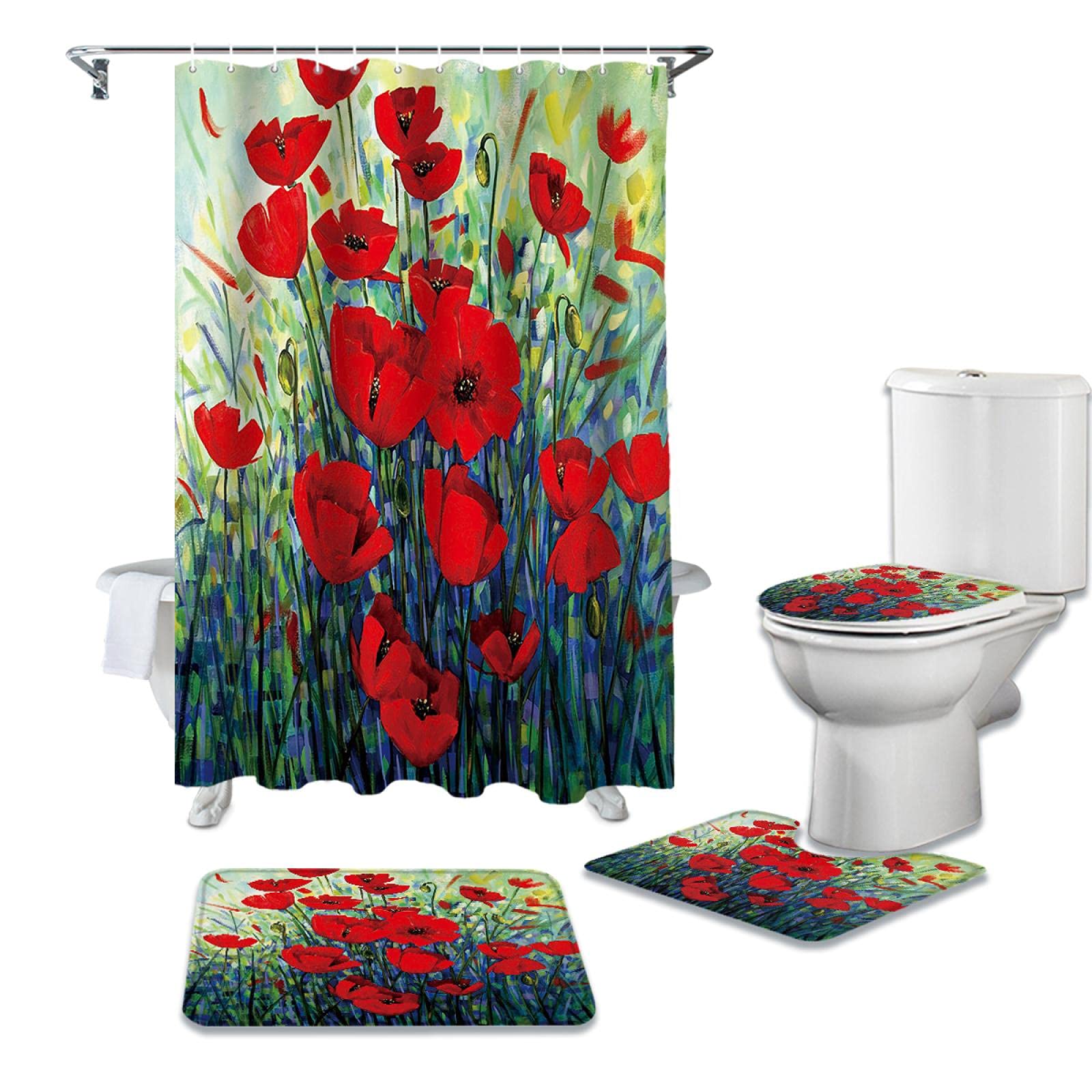 Set di 4 tende da doccia a fiori con set di tappeti da bagno, fiori e farfalle e piante, impermeabili per il bagno, con tappeto antiscivolo, tappetino assorbente + ganci (blu 03
