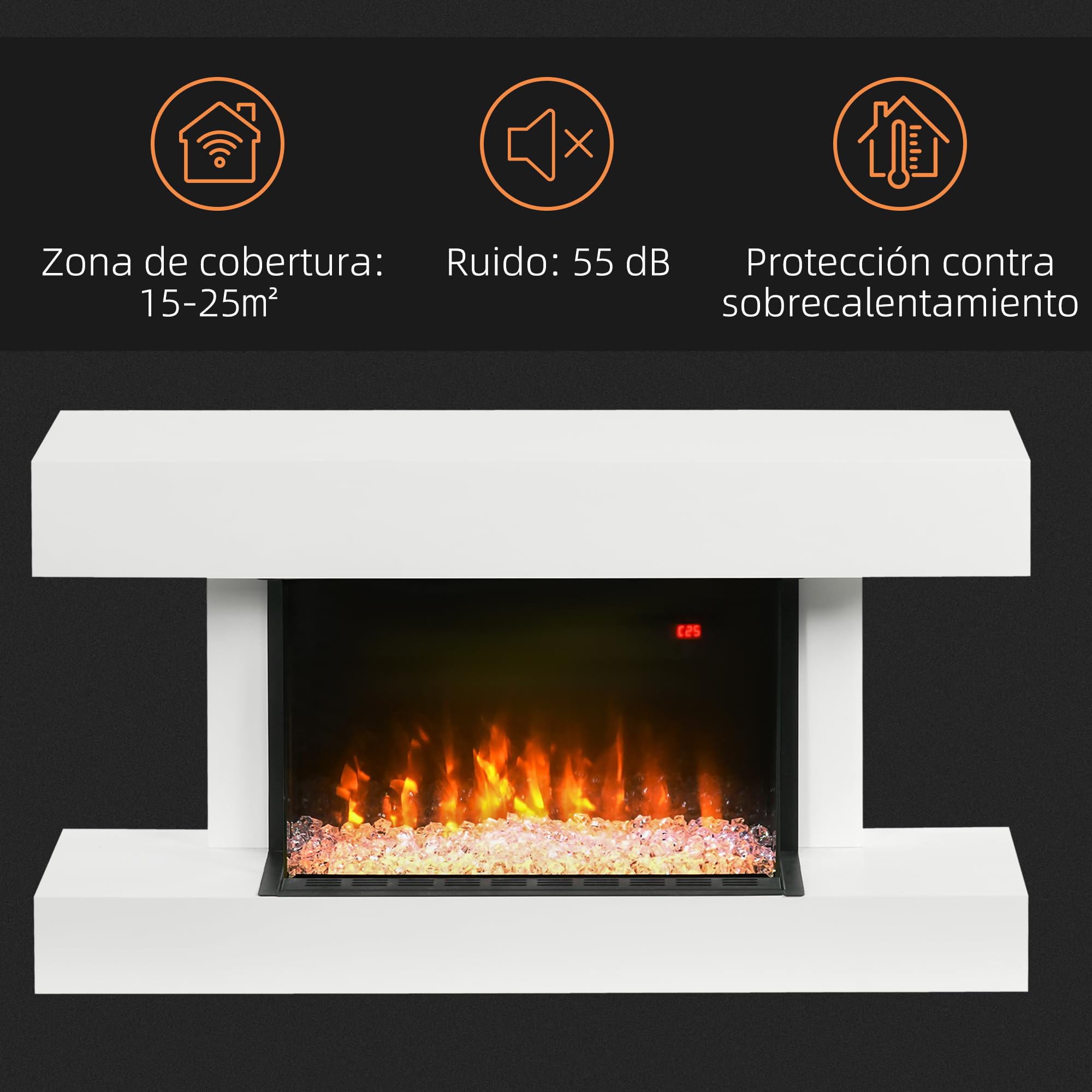 HOMCOM Chimenea Eléctrica 1000W/2000W de Pared o Pie 98x27x54,5 cm Blanco | Chimenea Decorativa, Temperatura Ajustable, Silencioso, Temporizador, Control Remoto, para Sala 15-25 m²
