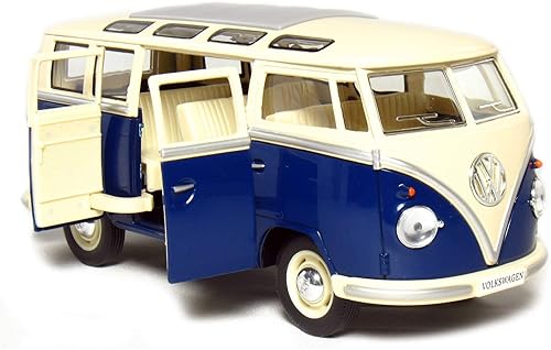 Miniatura 2 de KINGSMART 1962 Volkswagen Classic Hippy Bus de 7 pulgadas escala 124 modelo de metal fundido a presión azul juguete para tracción hacia atrás