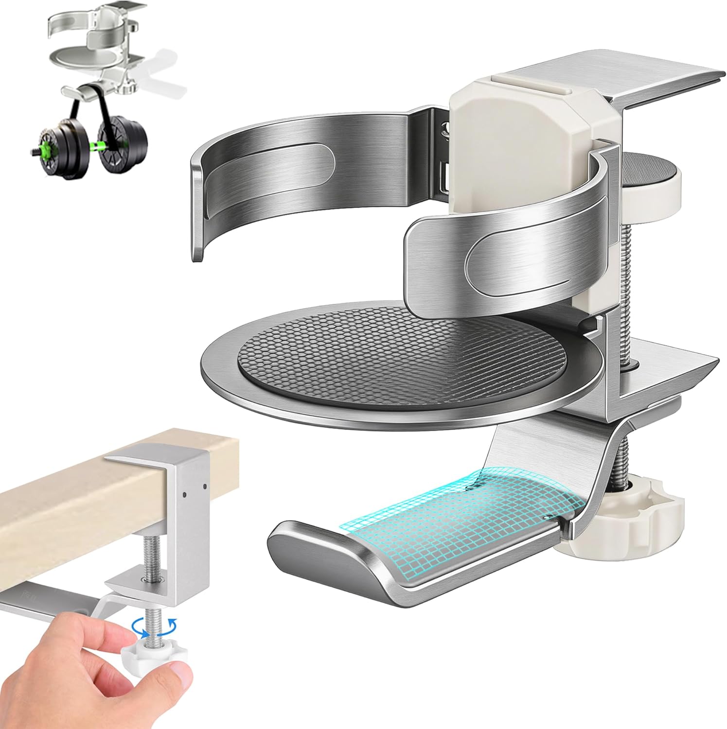 Heavyrain 3-in-1 Desk Cup Holder with Headphone Hook and Cable Storage, Anti-Overflow Coffee Mug Holder for Wheelchair, Couch, or Table, fits Stanley Cups up to 3.74 inches, 15kg Load Capacity