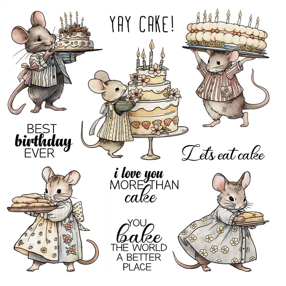 LZBRDY Cute Mouse & Happy Cake Designs with Clear Stamps and Metal Cutting Dies for Scrapbooking, Paper Crafts & Gift Decorations