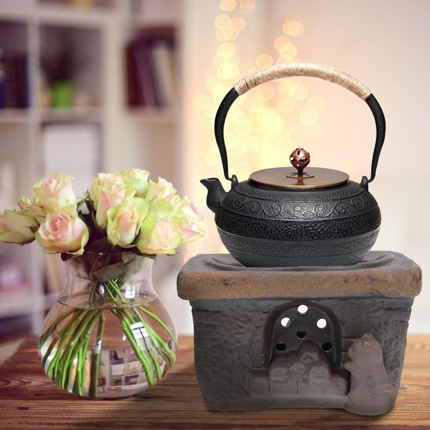 Ceramic Tea Warmer Base Retro Household Teapot Heater with Candle Holder Dirt-Resistant Easy-Clean Stove Stand for Warming Tea at Home and Office Cat Design