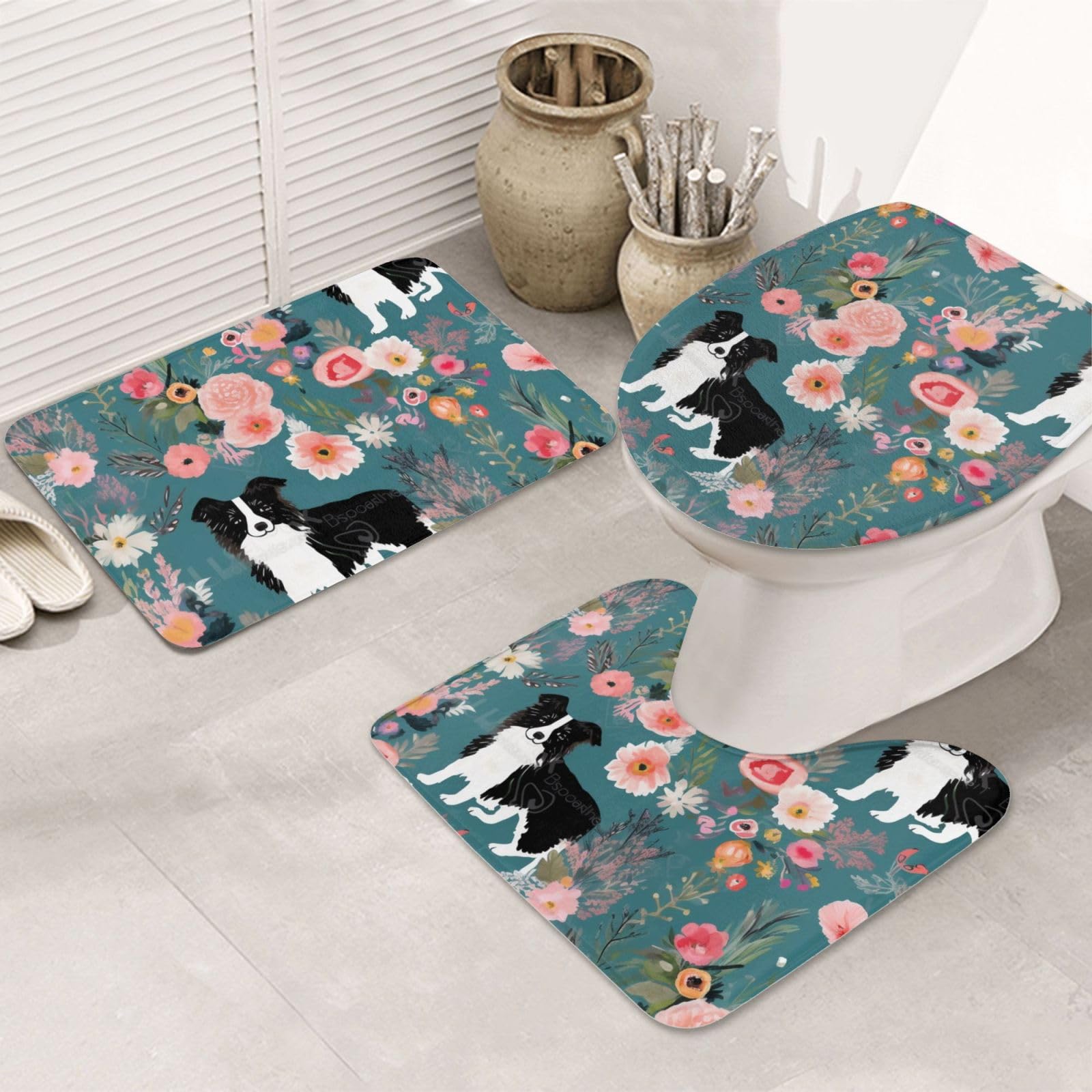 Tapis de bain en flanelle Border Collie : lot de 3 pièces absorbantes