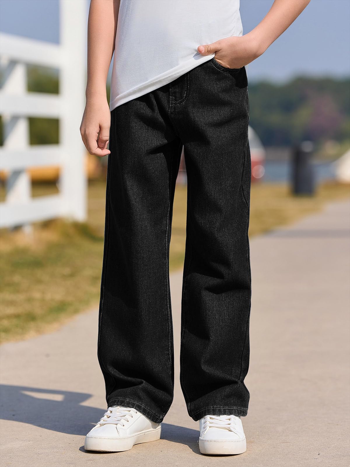 Haloumoning Jeans larghi per bambini, casual, gamba dritta, vestibilità ampia, pantaloni in denim con tasche, 5-14 anni