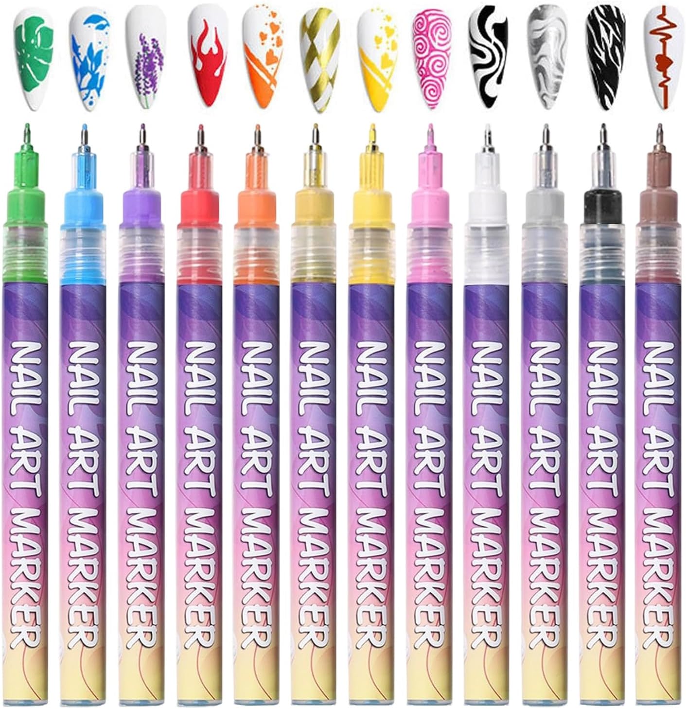 12 Colors Art Nail Pens Set, DIY Quick Dry Dotting Point Liner Pens, 3D Nail Polish Pen for Painting, Dotting, Liner, Beginner for Home & Salon Nails DIY Party