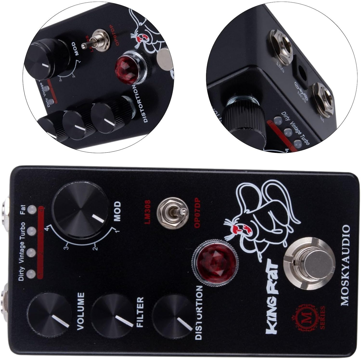Electric Guitar Fuzz Pedal, 4-Mode Distortion Effects Unit with Volume/Filter/Tone Controls, LM308/OP07DP Switch, DC9V Power for Mosky King Series