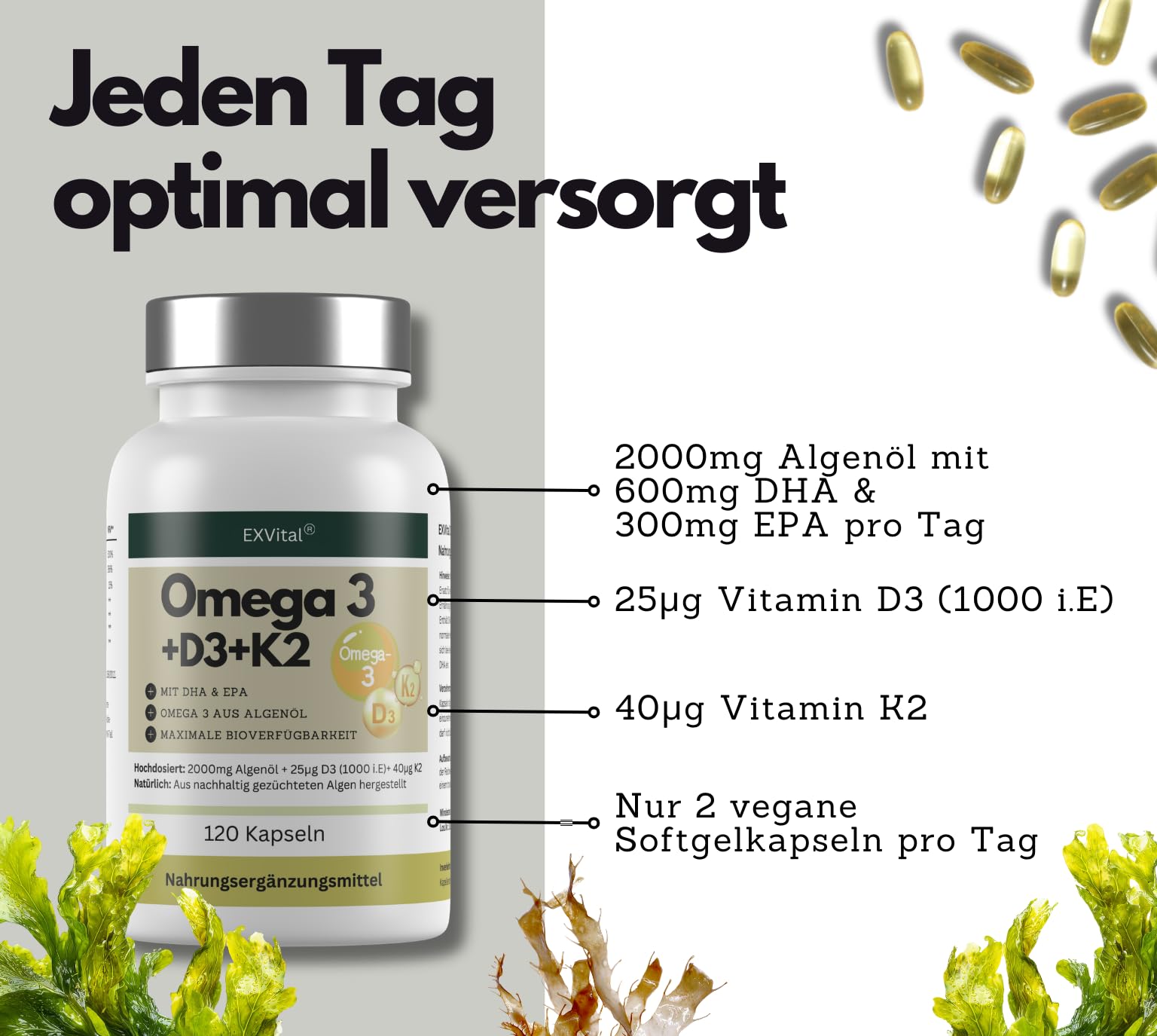 Omega 3 vegan + D3 & K2, 120 Kapseln, 1100mg Algenöl mit 600mg DHA & 300mg EPA + 1000 IE Vitamin D3 + 40 µg Vitamin K2 - O3 D3 K2, hochdosiert & laborgeprüft