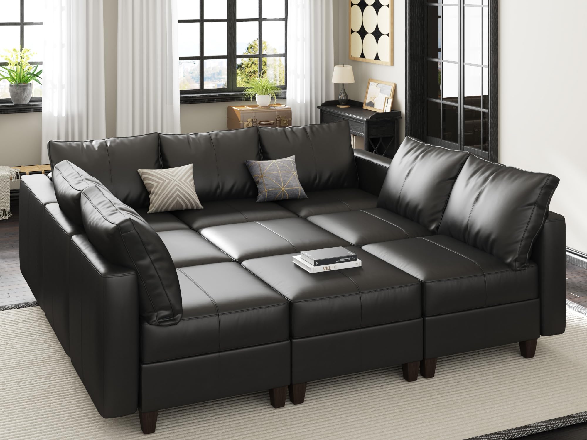 EASE MOOSE Modular Sectional Couch with Storage Black Faux Leather Sectional Modular Sleeper Sofa