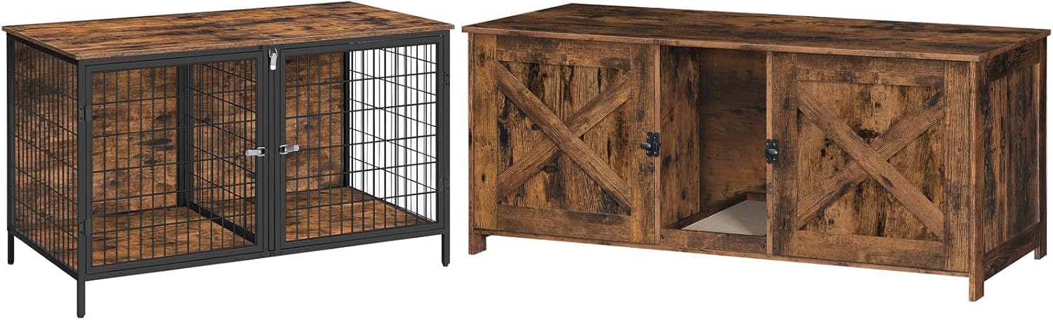 Dog Crate Furniture for 2 Dogs and Cat Litter Box Enclosure for 2 Cats Bundle, Dog Kennel with Removable Divider, Hidden Cat Litter Box Furniture with Double Room, DCHR1201-CWHR1201