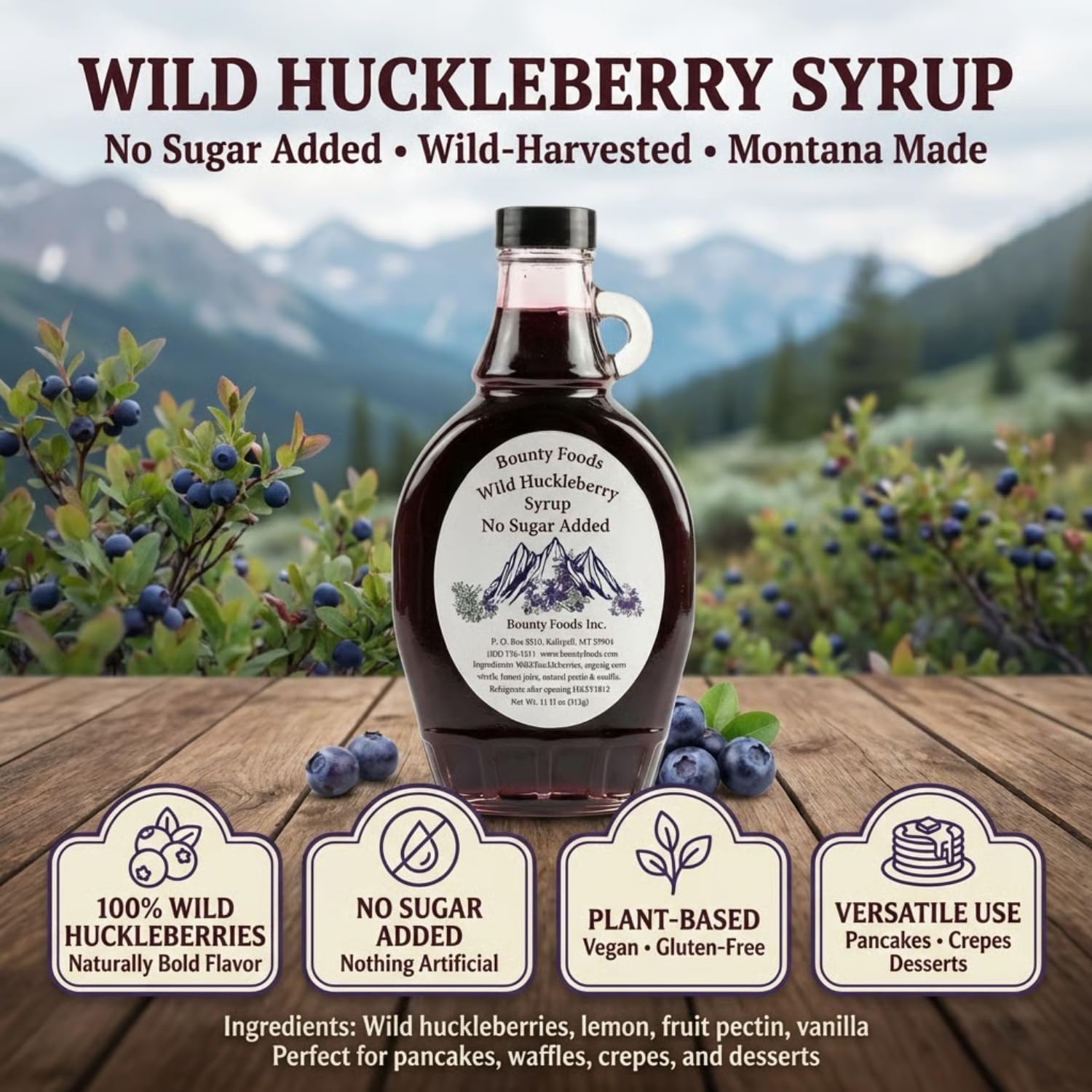 Montana Huckleberry Syrup No Sugar - Added 11 oz Real Fruit Grown & Hand Picked in the Wild from Bounty Foods for Coffee - Breakfast - Toppings - Pancakes - Cocktails - Gluten-Free (Hk NS 11oz)