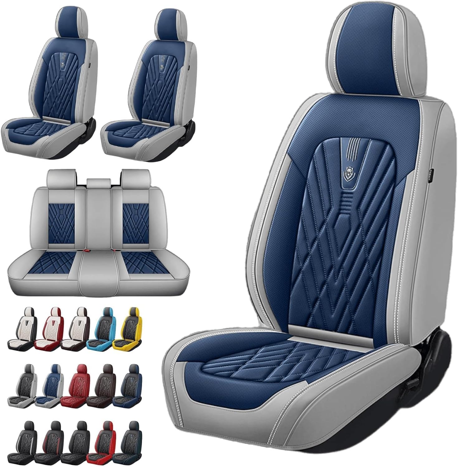 Universal Fit Waterproof Breathable Contrast Color Nappa Leather Auto Vehicle Car Seat Covers Set Cushion Protector for Sedan SUV (Blue Grey,Full Set 5 Seats)