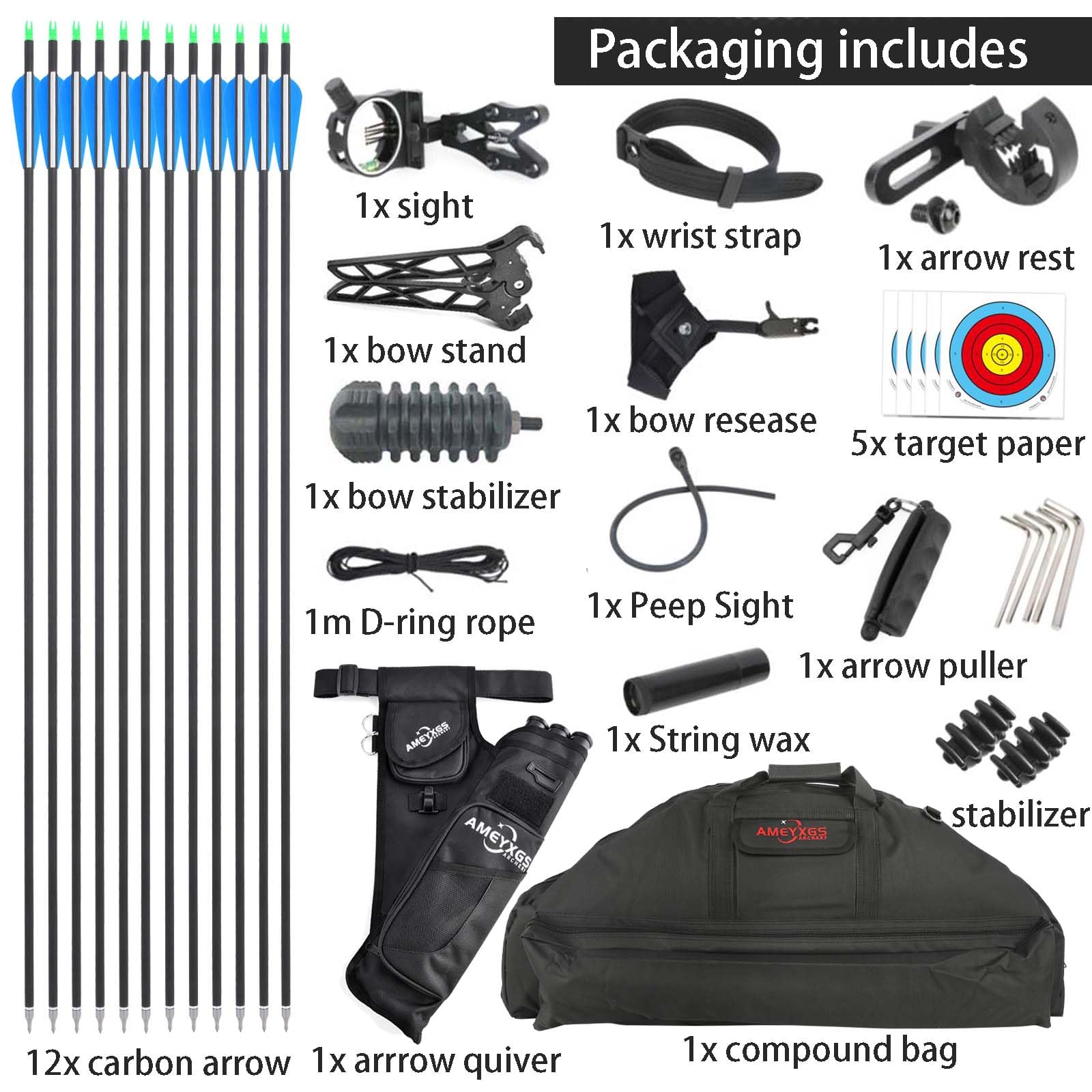 Set arco compound da tiro con l'arco 20-70 libbre Kit arco e frecce da caccia IBO 320 fps Let off: 80% con accessori completi