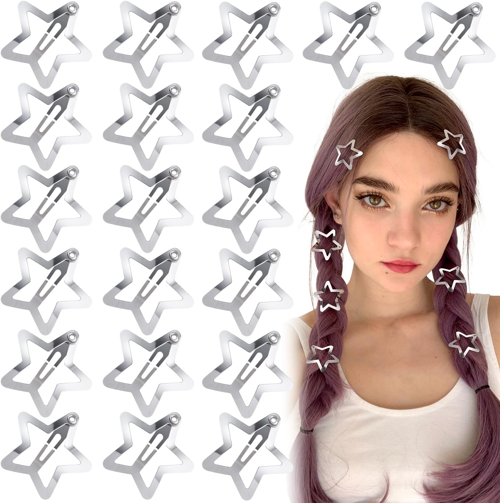 Joez Wonderful 20 Pcs Silver Star Hair Clips, Metal Hair Snap Clips for Women and Girls, Non-Slip Fashion Hair Accessories
