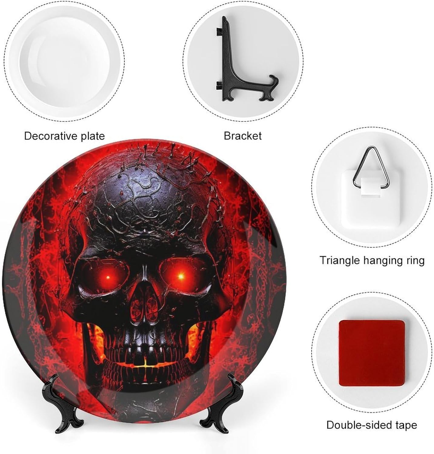 Bone China Decorative Plates Black And Red Skull Ceramic Decorative Plate Wall Decor with Display Stand Ceramic Ornaments for Wall Hanging Decoration