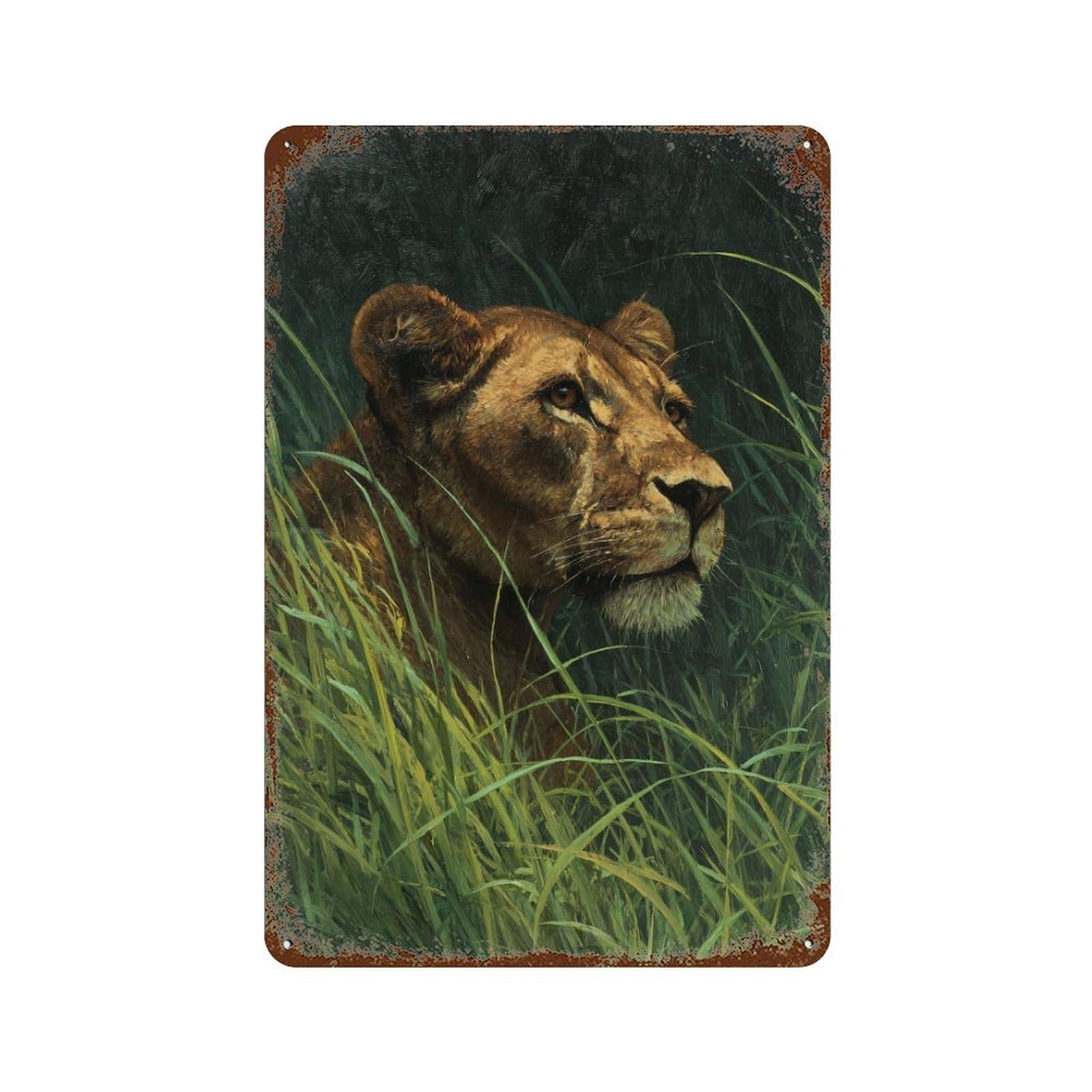 Rust Effect Lioness in Grass Painting-1 Aged Metal Wall Plaque 11.8"x7.9", Classic Wall Plaque for Basement, Hobby Room And Garage Decor