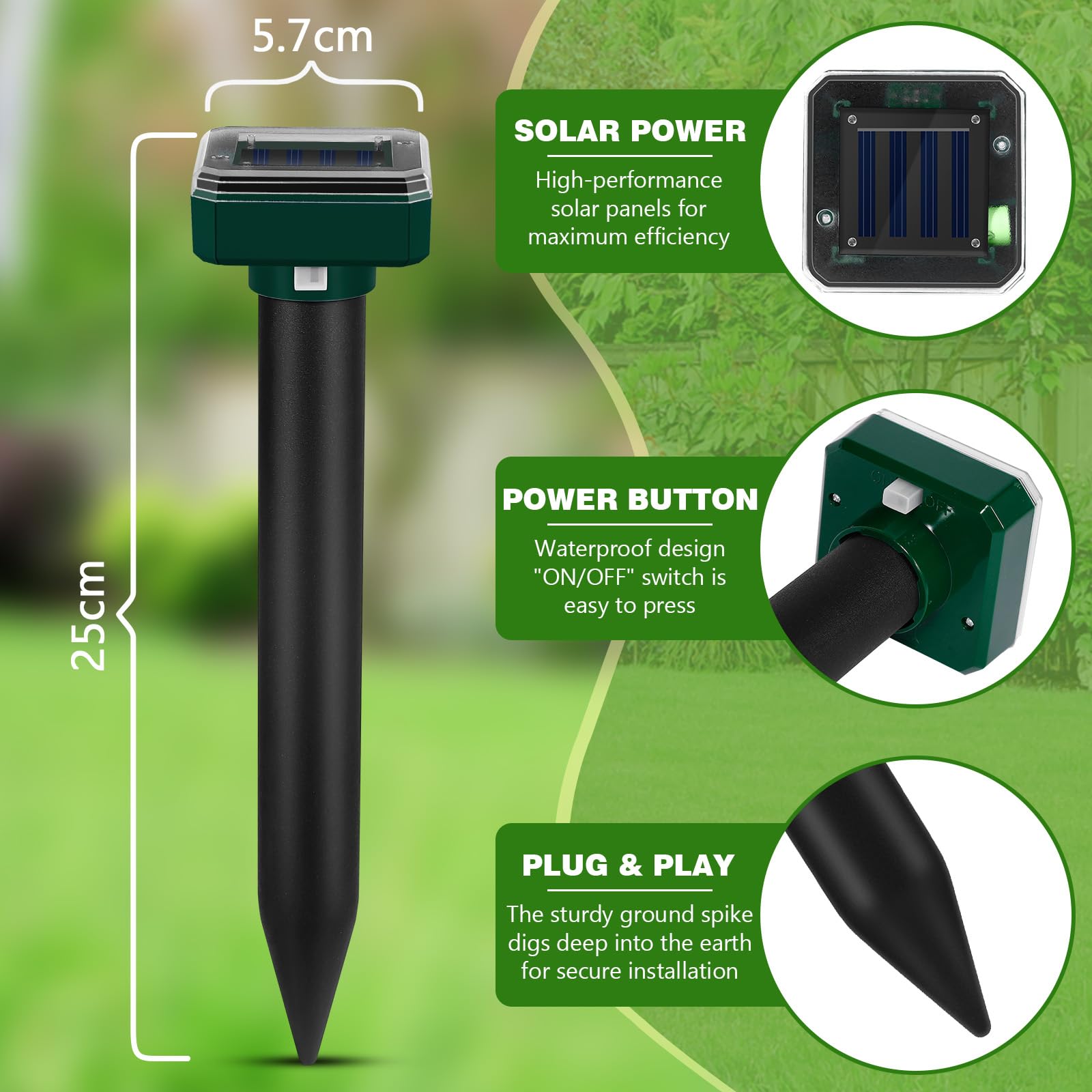 Scaccia Talpe Solare 4 Pezzi, Batteria Ricaricabile da 600mAh, Ultrasuoni Repellente Impermeabile per Talpe, Topi, Serpenti e Gopher, Efficace fino a 360 m², Ideale per Giardini, Prati e Aree Esterne