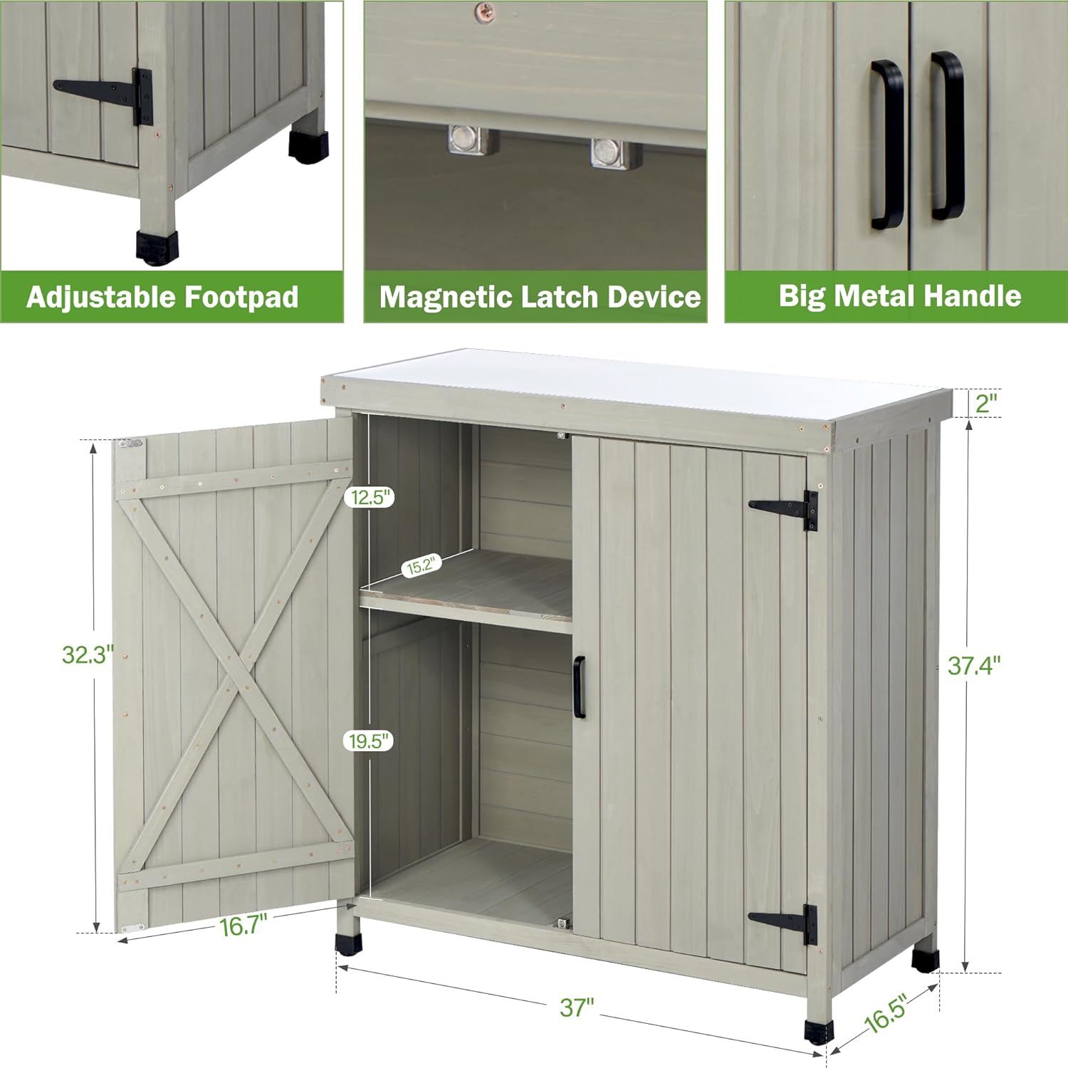 Potting Bench Table, Wooden Storage Cabinet with Removable Shelf, Metal-Plated Tabletop, Light Brown, 36x31x19 in, for Backyard Patio Lawn Gardening,Gray