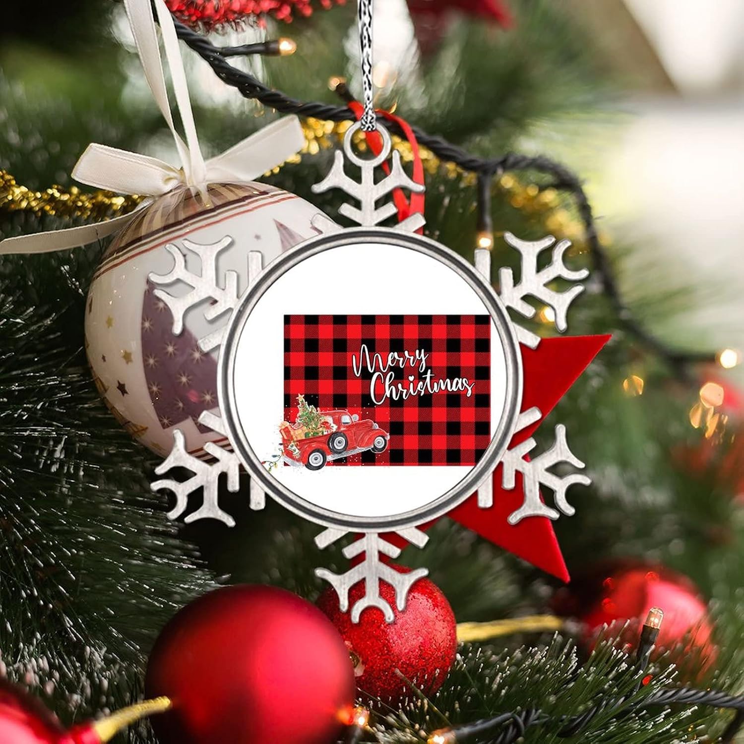 Snowflake Ornaments Colorado Home State Personalized Christmas Ornaments 2022 Black Plaid Map Red Truck Ornaments for Christmas Trees Metal Souvenir Xmas Tree Hang Pendant Exchange Gift 3 Inch