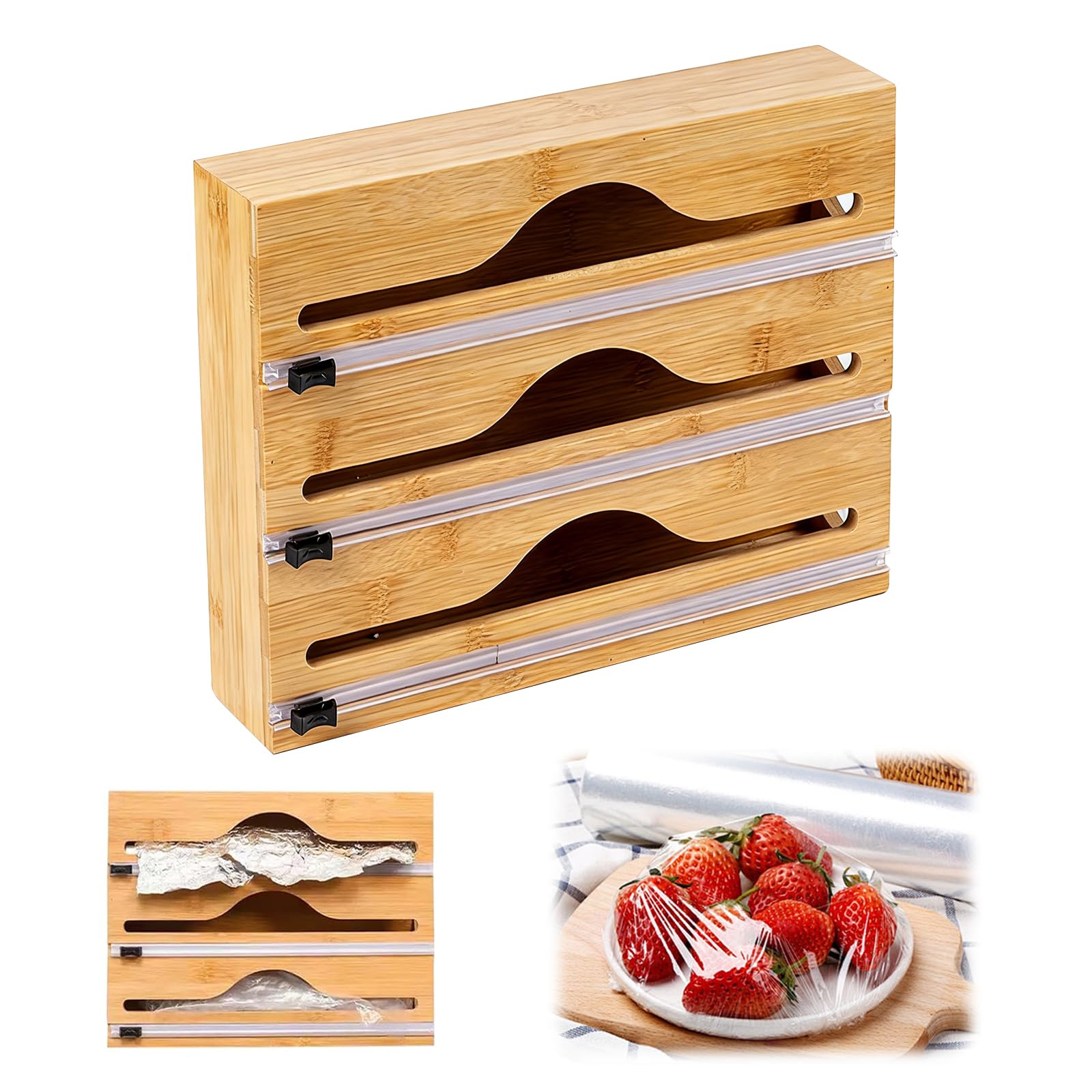 3 en 1 Coupe Film Distributeur de Film Alimentaire, Distributeur Film Alimentaire et Papier Aluminium, Rangement Papier Alu Film Alimentaire pour Organisateur d'emballage de Cuisine en Bambou