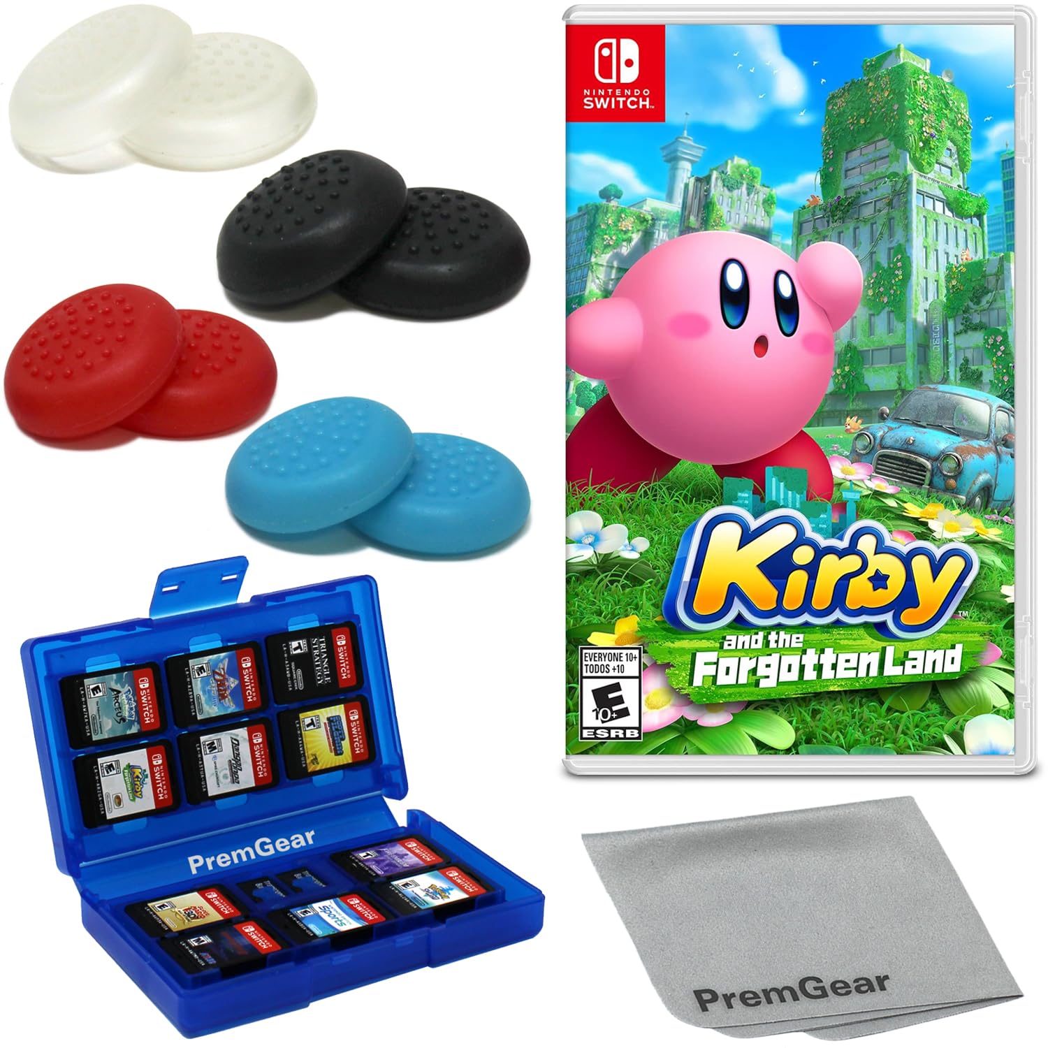 Kirby and the Forgotten Land for Nintendo Switch (US Version), with PremGear Thumb Grips (8 pack - Black, Blue, Red & Clear), 24 Slot Game Card Holder & Cleaning Cloth