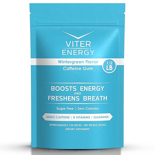 Viter Energy Goma de mascar con cafeína, 60 mg de cafeína, vitaminas B, guaraná, sin azúcar. (verde oscuro, 8 onzas, bolsa a granel)