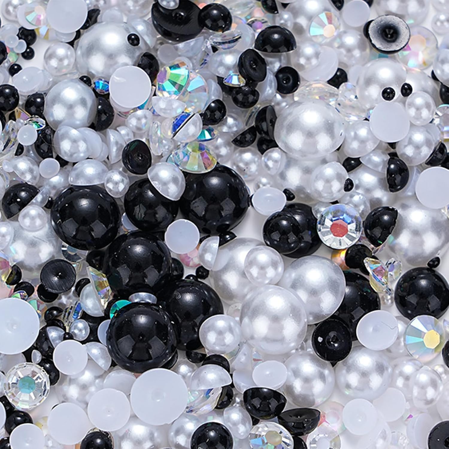 100g Mix Flatback Pearls and Rhinestone, Rhinestones for Crafting,Mixed Size 3mm-10mm AB Color Round Half Pearls Flatback Pearl Beads for DIY Craft Nail Art Shoes Clothes Tumblers(Black|Silver|White)