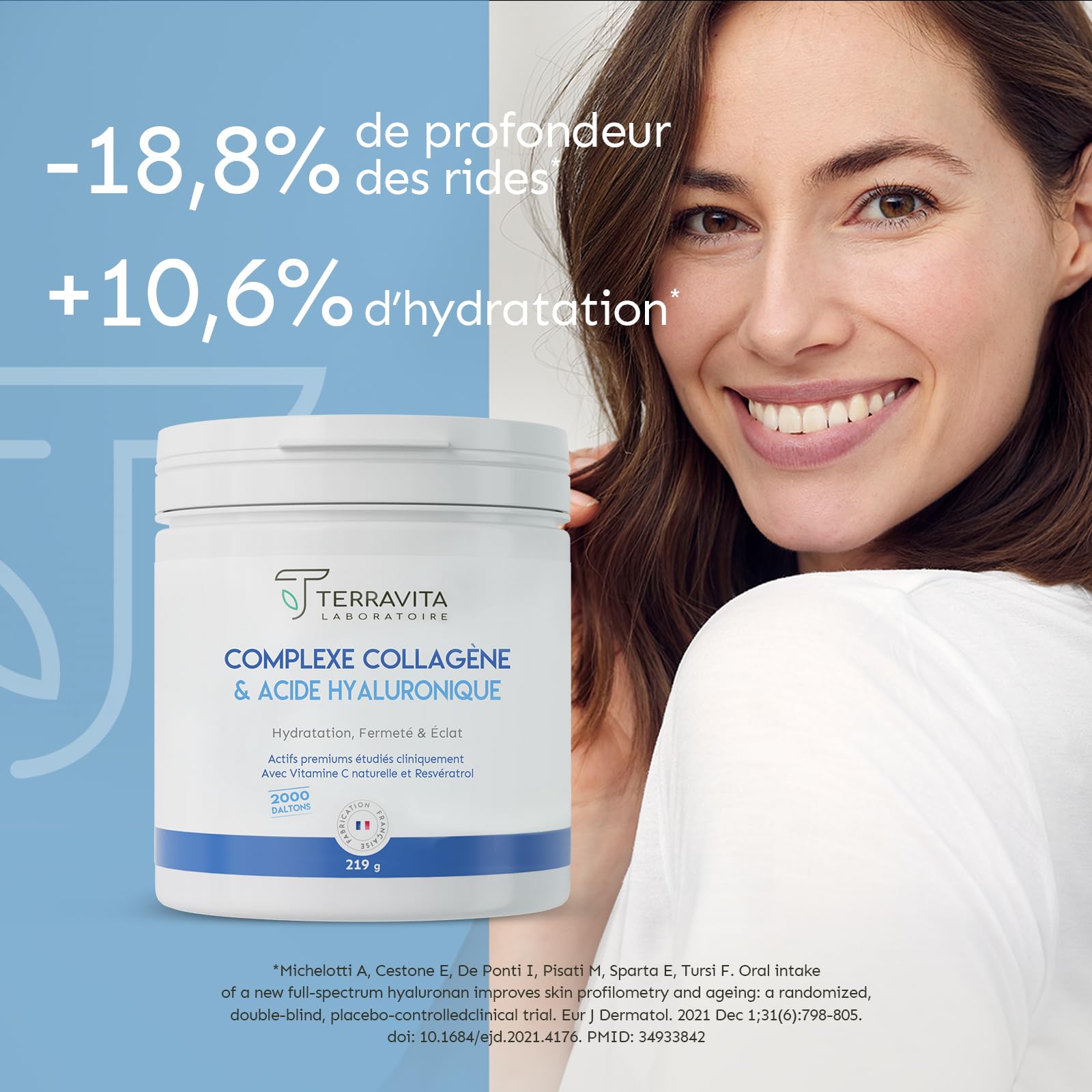 Collagène Marin Peptan + Acide Hyaluronique 200mg + Vit C | Hydratation, Fermeté et Éclat de la Peau | Diminution des Rides Démontrée | 219g de Poudre Goût Neutre | Filière Française | Terravita