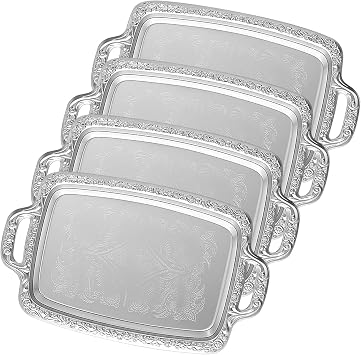 4 Pcs Silver Serving Tray Elegant Floral Metal Plate Silver Platter for Buffet Wedding Party Jewelry Decorative Oblong with Handle