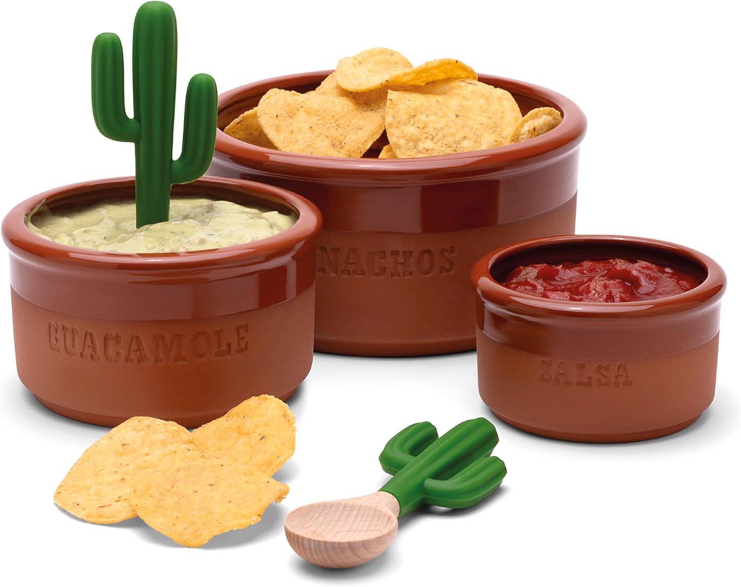 Monkey Business Bowlero Dipping Bowls Set, Terracotta Serving Bowls With 3 Dipping Sauce Bowls And 2 Dip Spoons, Decorative Mexican Serving Bowl Set For Guacamole Salsa BBQ Soy Sauce Mexican Dips