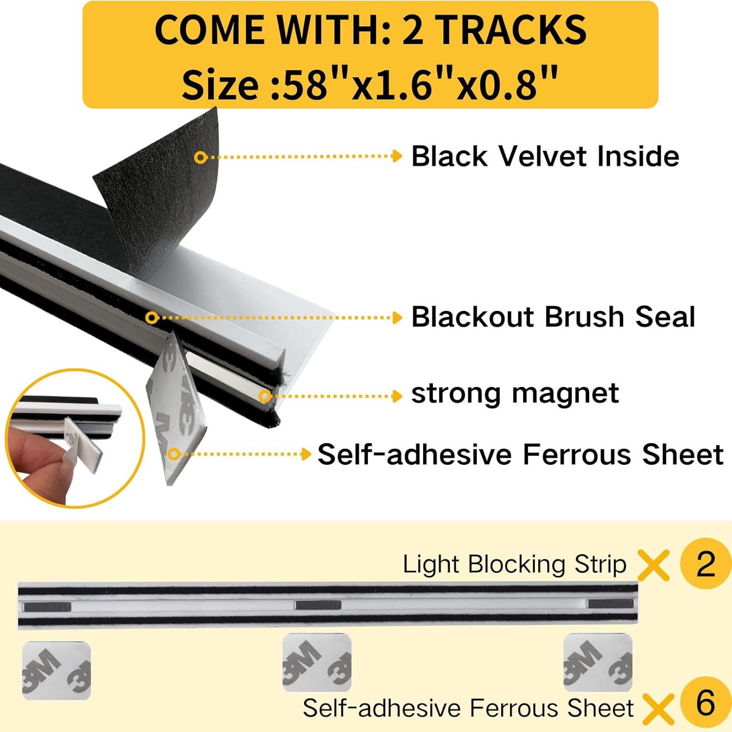 Blackout PVC Magnetic Light Blocking Strips for Window Shades and Blinds - Blocks Light Along The Sides of Blackout Blinds,Cordless,Light Blocking Strips for Bedroom (White, 58",2Pcs，Removable)