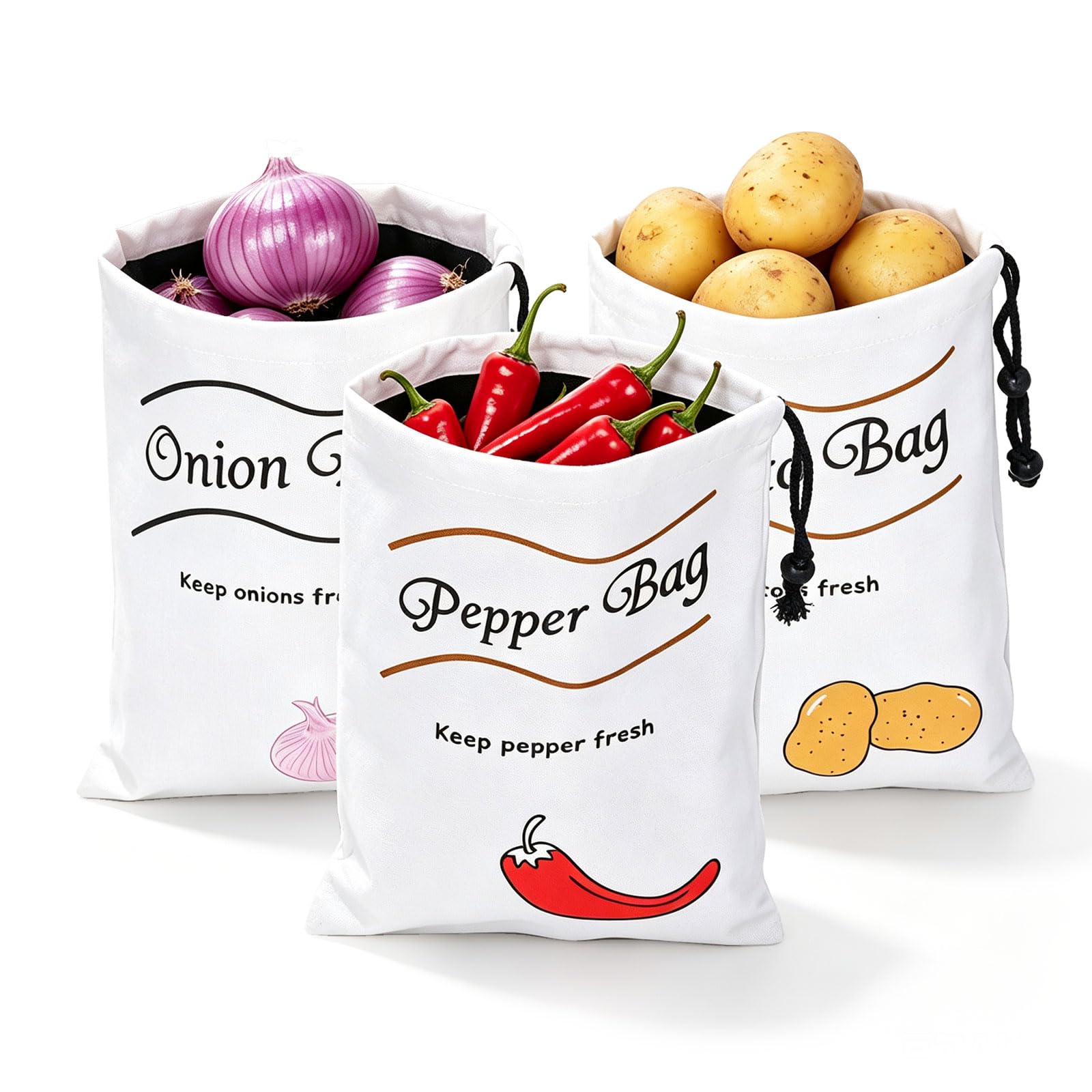 3Pcs Potato Onion Garlic Storage Bag, Reusable Fresher for Longer Produce Bags, Breathable Canvas Drawstring Sacks for Pantry Kitchen Vegetable Storage, Washable Food Keeper(Potato+Onion+Pepper)