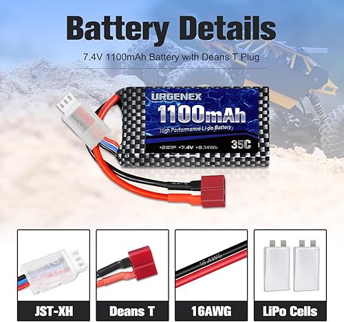 Miniatura 3 de URGENEX Lipo Batería 7.4V 1100mAh 35C (Burst 70C) Dean-Style T Plug 2S Batería recargable RC para HAIBOXING BEZGAR Truck HBX 16889 16890A 18690SA