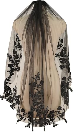1 Tier Fingertip Length Black Lace Wedding Bridal Veils With Metal Comb For Bride