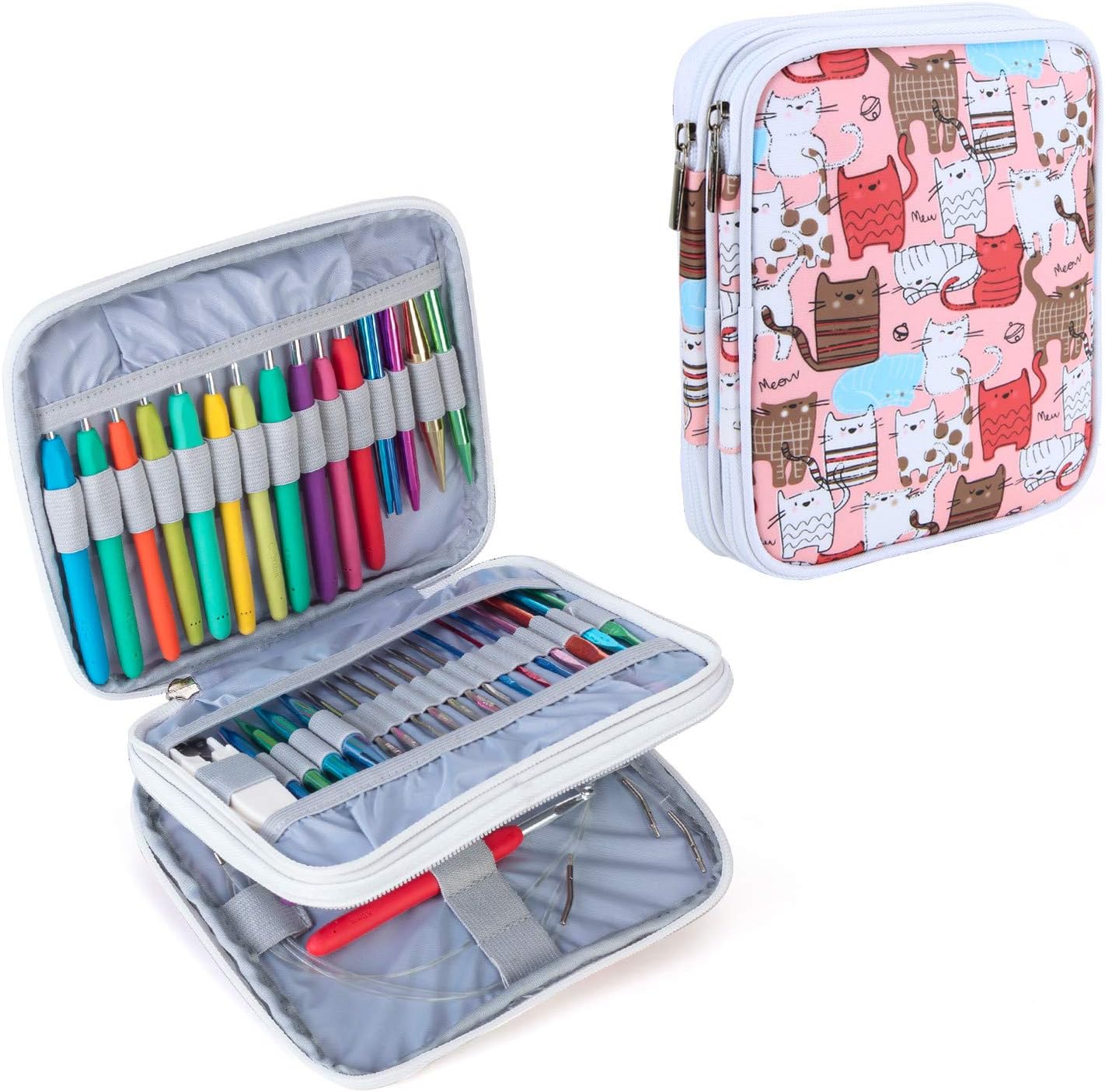 Organiser Case for Interchangeable Circular Knitting Needles, Crochet Hooks and Knitting Accessories, Keep All in One Place and Easy to Carry, Cats Pink (No Accessories Included)