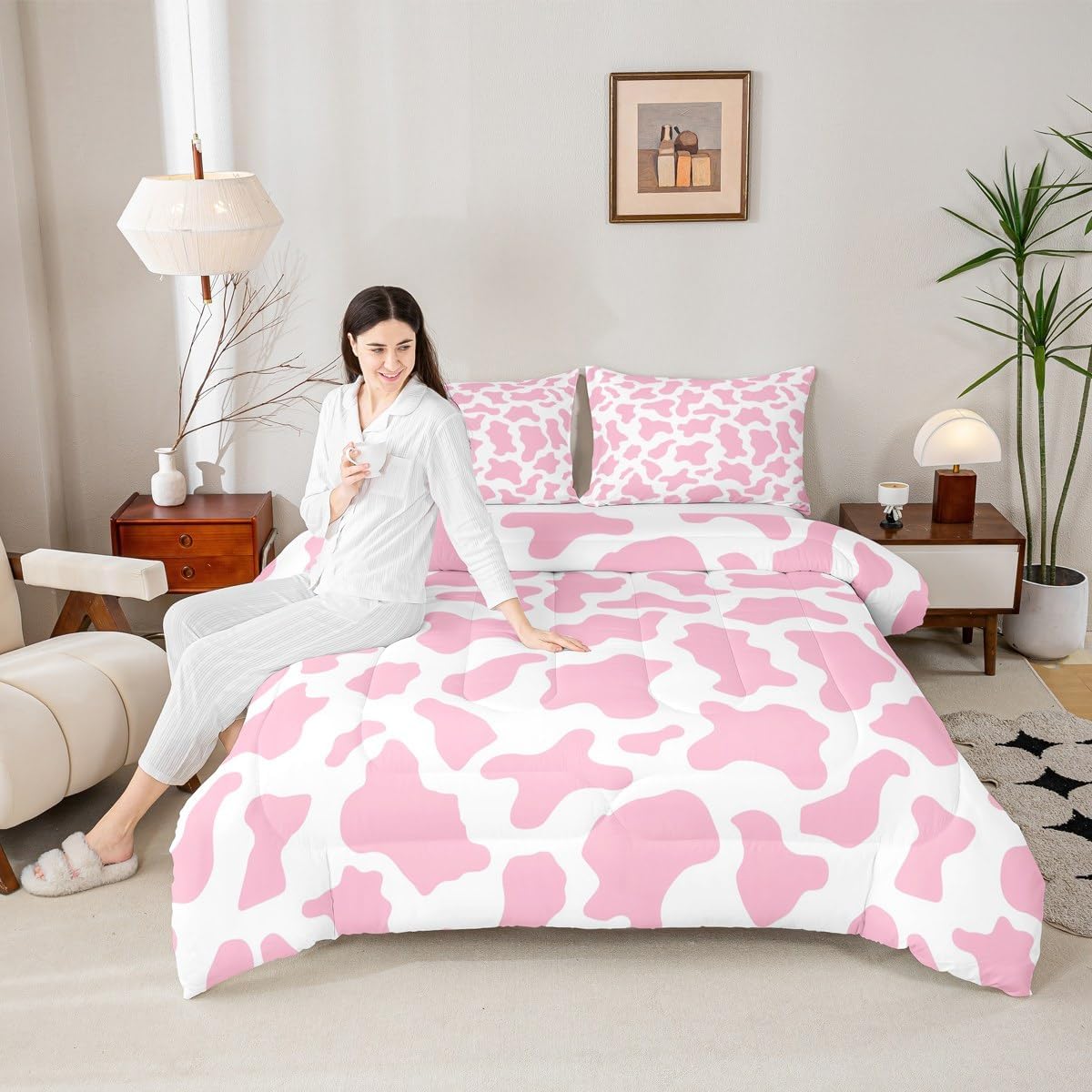 Kid Cartoon Bedding Set Pink Cow Print Down Comforter Full,Milk Cow Animal Cowhide Comforter Set Western Animals Bed Quilt for Toddler Teen Boys Girls Farmhouse Bull Cattle Kawaii Room Decor