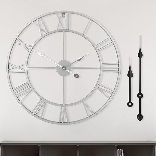 LEIKE 16 " Modern Large Wall Clocks,Vintage, Round,Silent Non Ticking,Battery Operated,Silver Metal