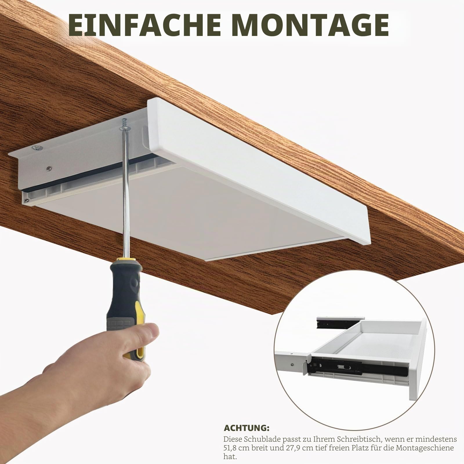 Unter dem Schreibtisch Montierter Schiebeschubladen zum Herausziehen, Anbringbare Schreibtisch-Stiftschublade mit Kugellager-Schienen, Weiß