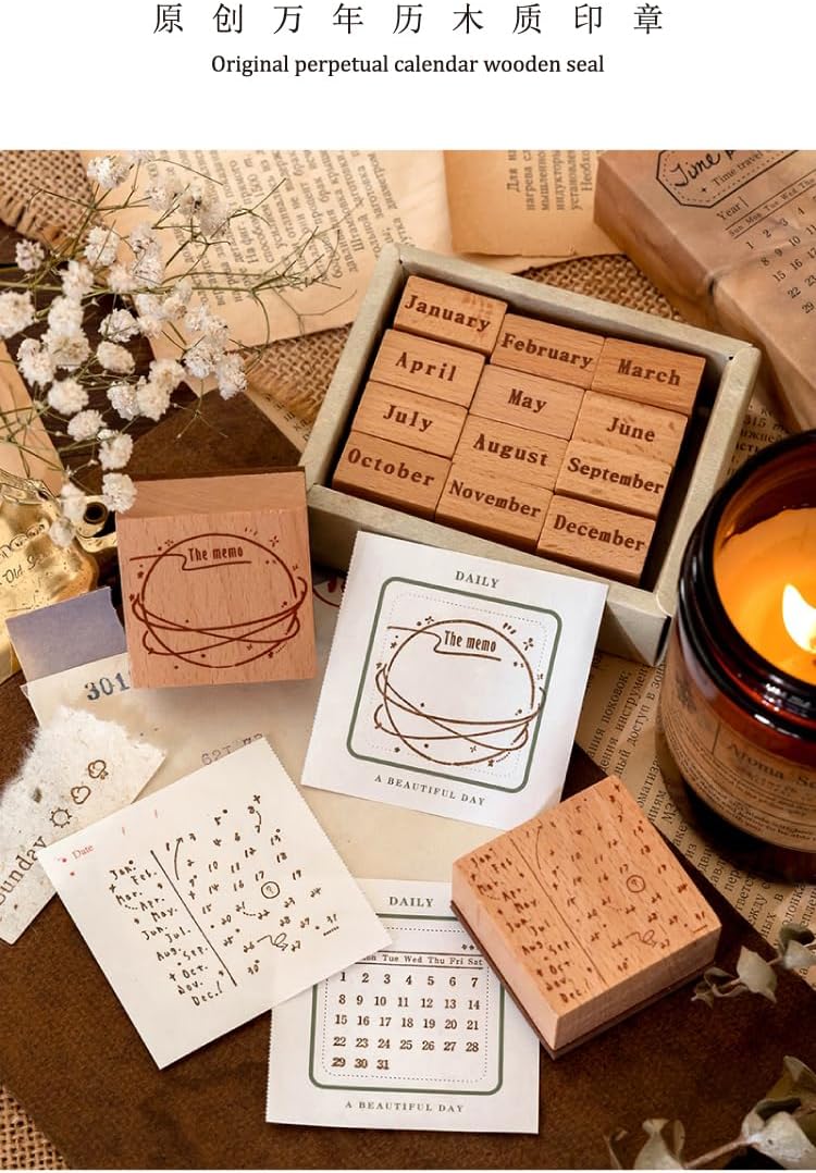 Alideco Vintage Time Perpetual Calendar Wooden Stamp DIY Decorative Prints Stamps Set for Journaling Crafts Card Making Painting Teaching (yuexiangshenghuo) image 4