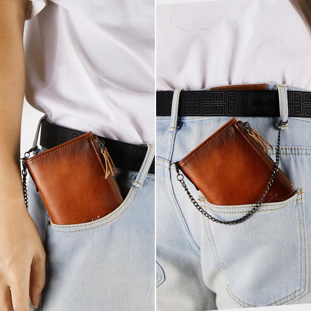 Wallet with Chain for Men Women Genuine Leather RFID Blocking Bi-Fold Wallet with Chain, Zip Coin Pocket, Credit Card Holder, Transparent ID Window for Driver License Biker Punk Hip Hop Style (Brown) - Image 3