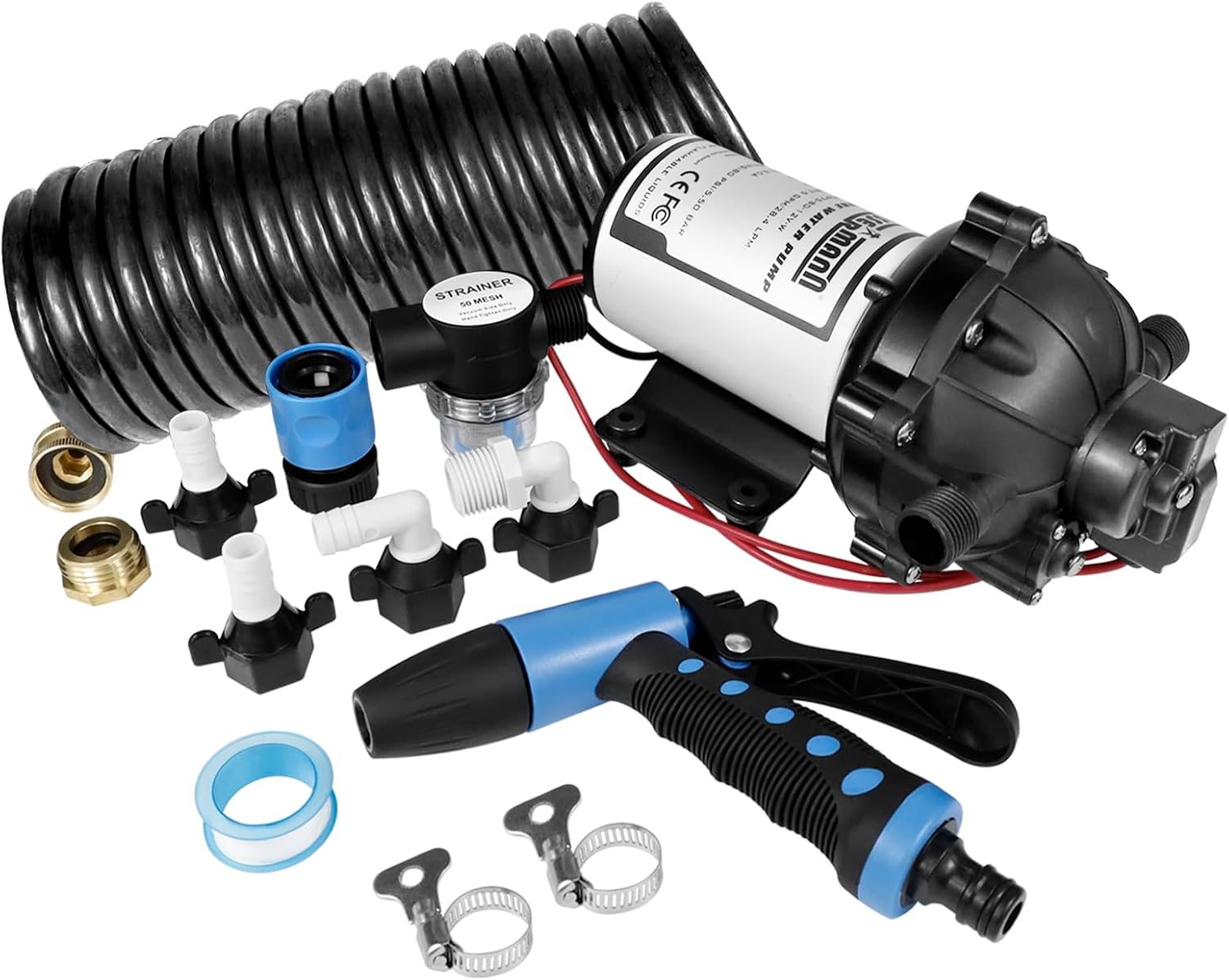 WASSERMANN 12V DC Washdown Pump Kit, 7.5GPM 80PSI, 5-Chamber Self-Priming Diaphragm Pump with Pressure Switch, Coiled Hose, Spray Nozzle for Boat Marine Yacht Freshwater Garden RV