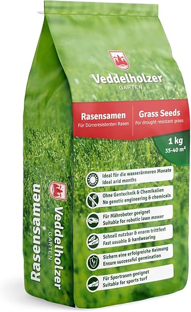 Veddelholzer Veddelholzer Rasensamen dürreresistent für Trockenrasen & Schattenrasen Samen Grassamen schnellkeimend ideal als Saatgut für Sport und Spielrasen Rasen für Mähroboter im Garten geeignet 1 kg = 40 m² — Saat & Dünger
