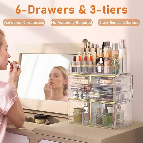 Miniatura 4 de Delamu Organizador de maquillaje de 3 cajones con 6 cajones, organizador de encimera de baño para tocador, cuidado de la piel, perfume,