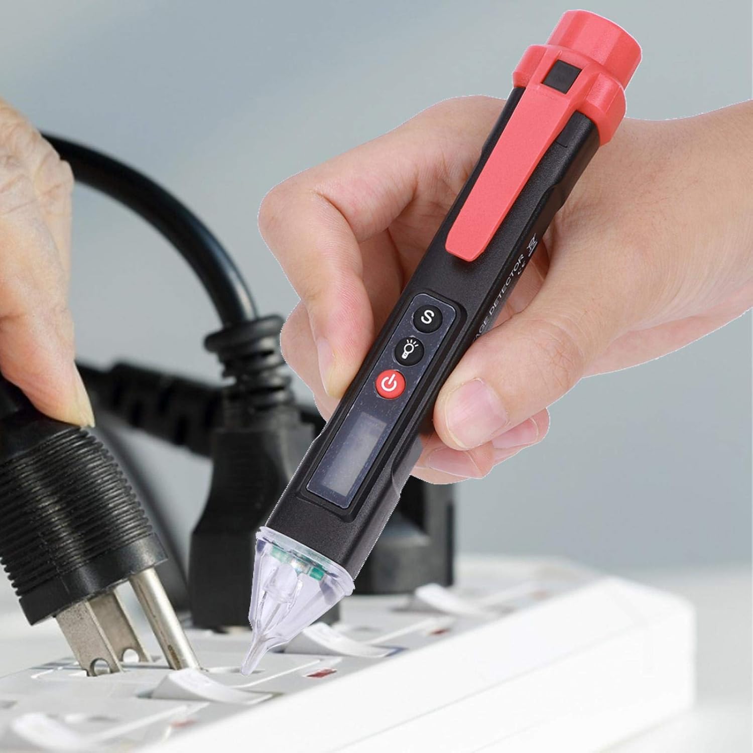 Digital Non-Contact Voltage Tester AC12-1000V Test Pen with 3-Color LED Display and Flashlight Black Red