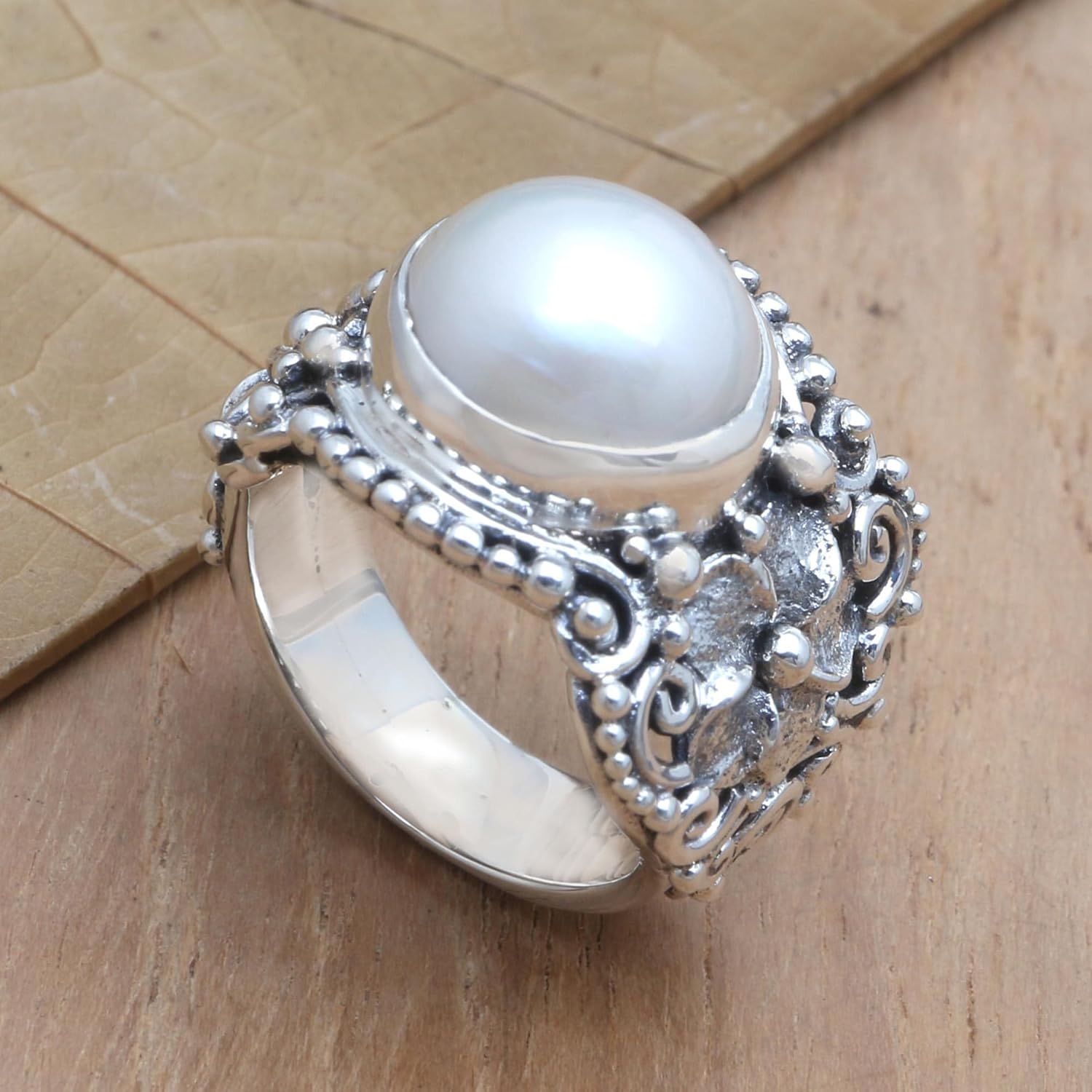 NOVICA Artisan Handmade .925 Sterling Silver Cultured Freshwater Pearl Cocktail Ring from Bali Mabe Indonesia Gemstone 'Soft Glow in Grey'