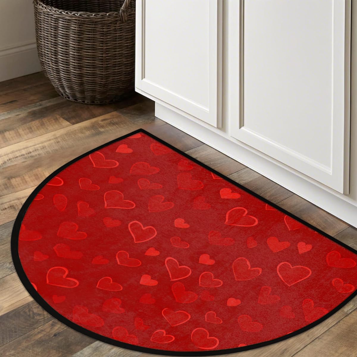 Front Door Mat Indoor Outdoor Entrance, Valentine's Red Heart Half Round Door Mat Absorbent Non-Slip Backing Welcome Doormat Patio Entryway Low Profile Floor Mats for Kitchen Fireplace 36" x 24"
