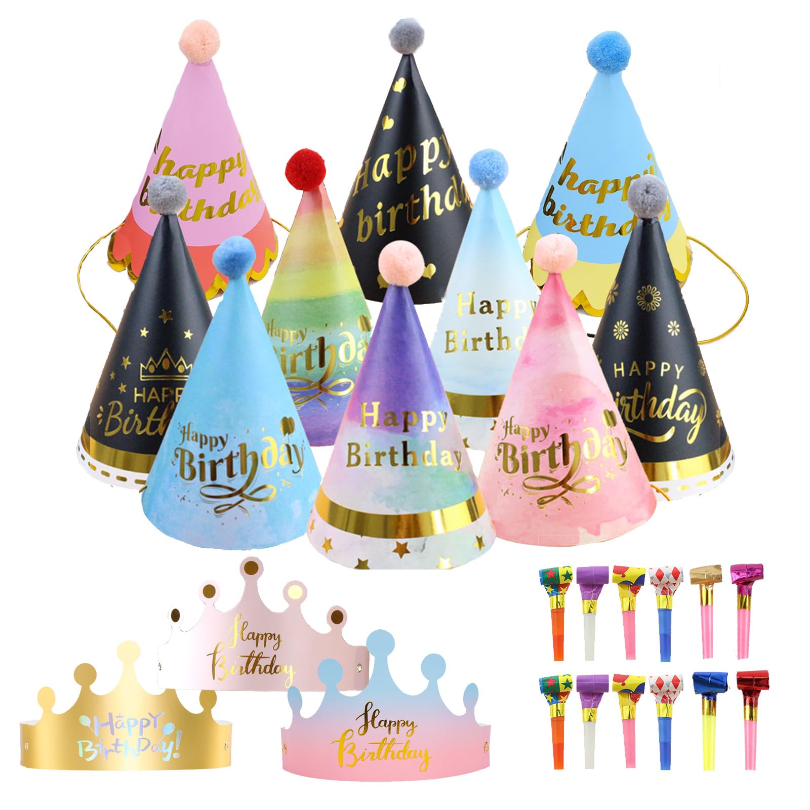 Lot De 10 Chapeaux De Fête En Papier Avec Pompons – Élastique – Décoration Anniversaire – Doré