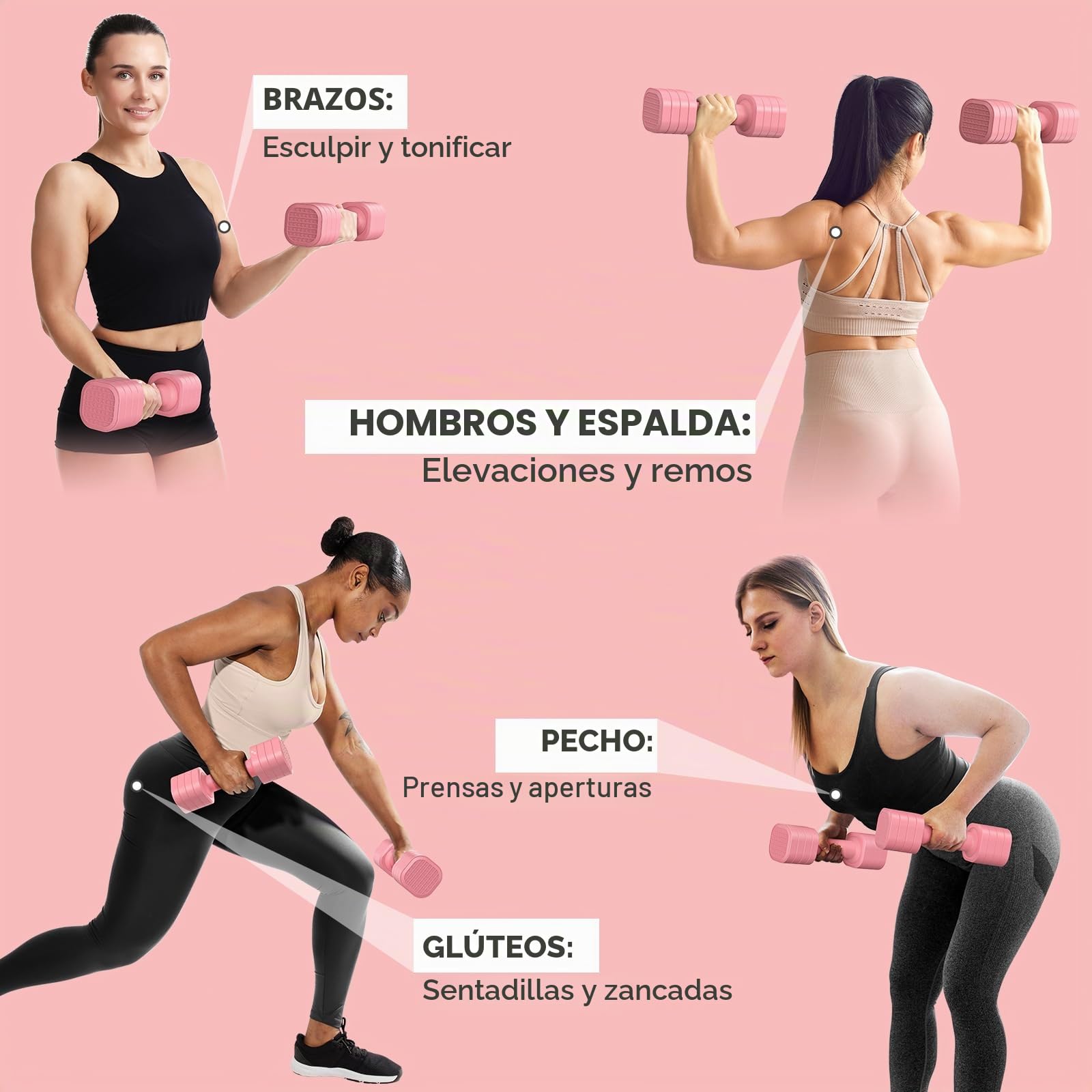 Juego de mancuernas para mujer, Sportneer - Mancuernas ajustables - Juego de 2 mancuernas cortas (0,9–2,3 kg por mancuerna), juego de mancuernas 4 en 1 con mango antideslizante de TPU, juego de