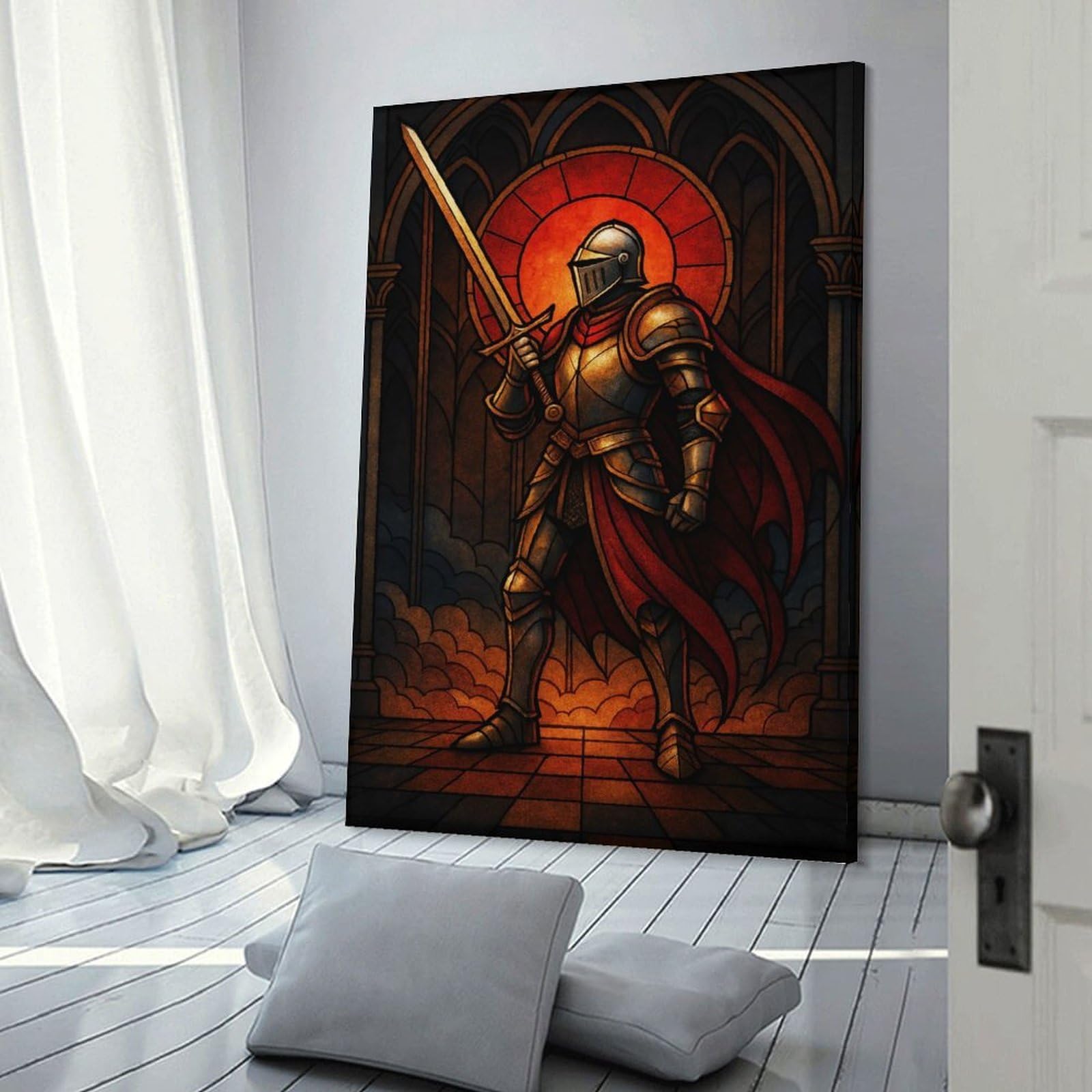 Junmoney Frame-Style-12 Canvas Art Print Stained Glass Knight With Sword, 20X30inch(50X75cm), For Contemporary Homes, Apartments Or Offices, Decorative Canvas Decor For Home Updates