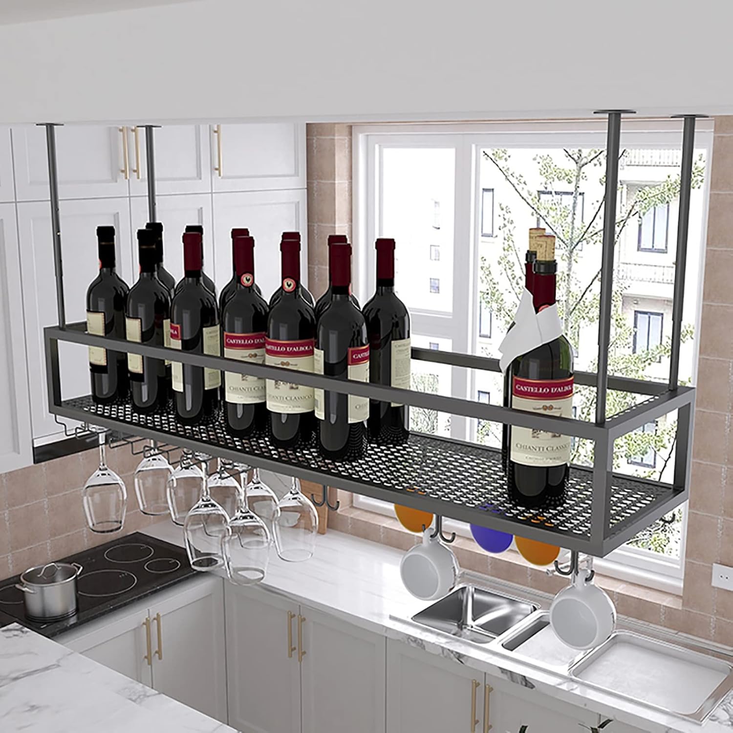 Ceiling-Mounted Wine Rack - Creative Wrought Iron Hanging Holder for Wine Bottles & Champagne Glasses, Under Cabinet Storage Shelf for Home Bar (120x25x21cm)