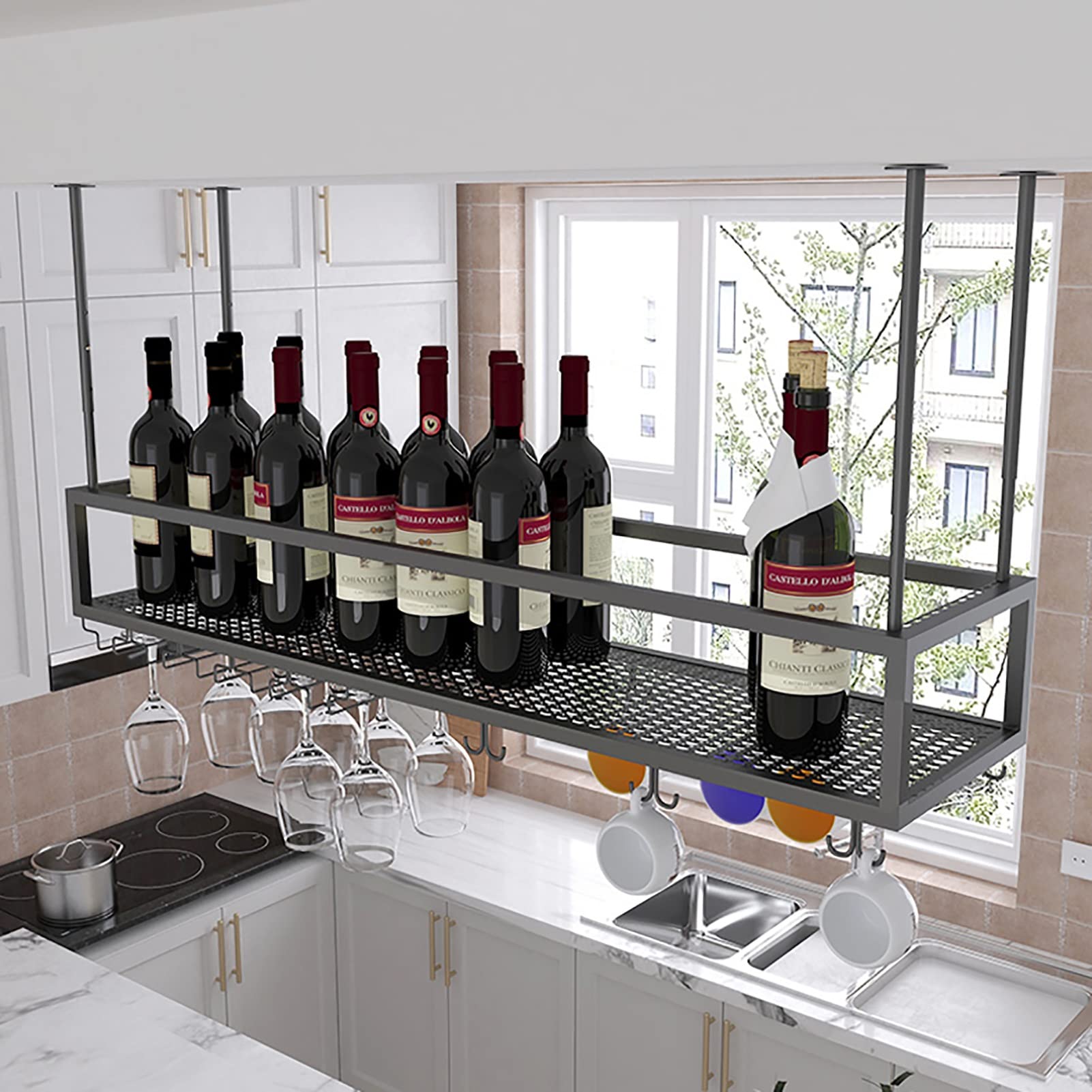 Botellero Creativo para Techo, Soporte para Botellas de Vino, Expositor Colgante para Copas de champán, Estante de Almacenamiento de Hierro Forjado para Debajo del Mueble del Bar doméstico (